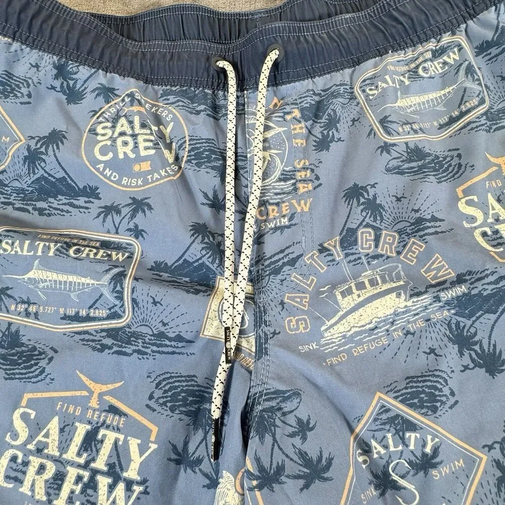 SALTY CREW CABIN Sz L 34 CRUISER Beach Club Elastic Boardshort Marine Blue AOP